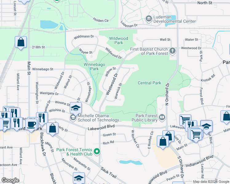map of restaurants, bars, coffee shops, grocery stores, and more near 193 Westwood Drive in Park Forest