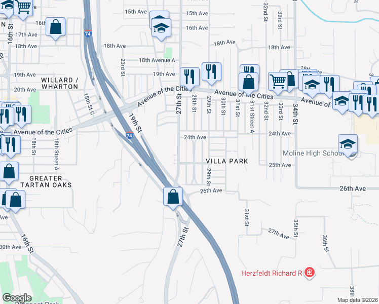 map of restaurants, bars, coffee shops, grocery stores, and more near 2427-2431 28th Street in Moline