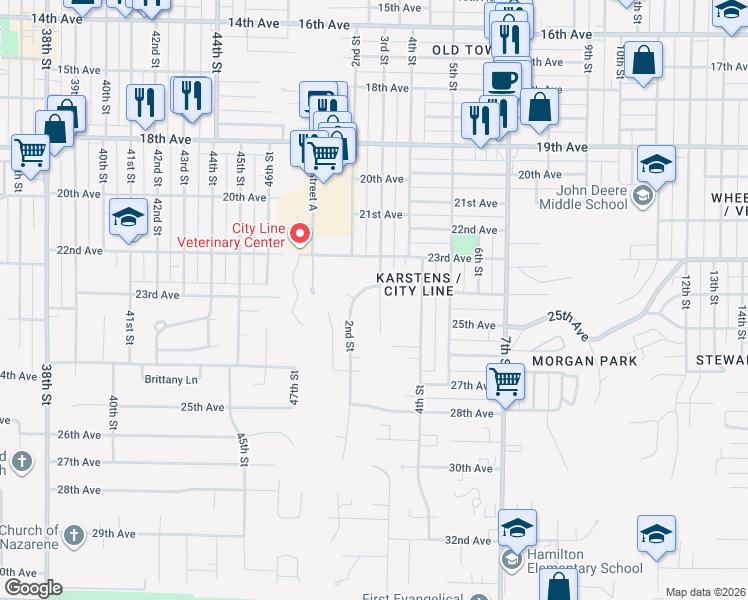 map of restaurants, bars, coffee shops, grocery stores, and more near 2408 2nd Street in Moline
