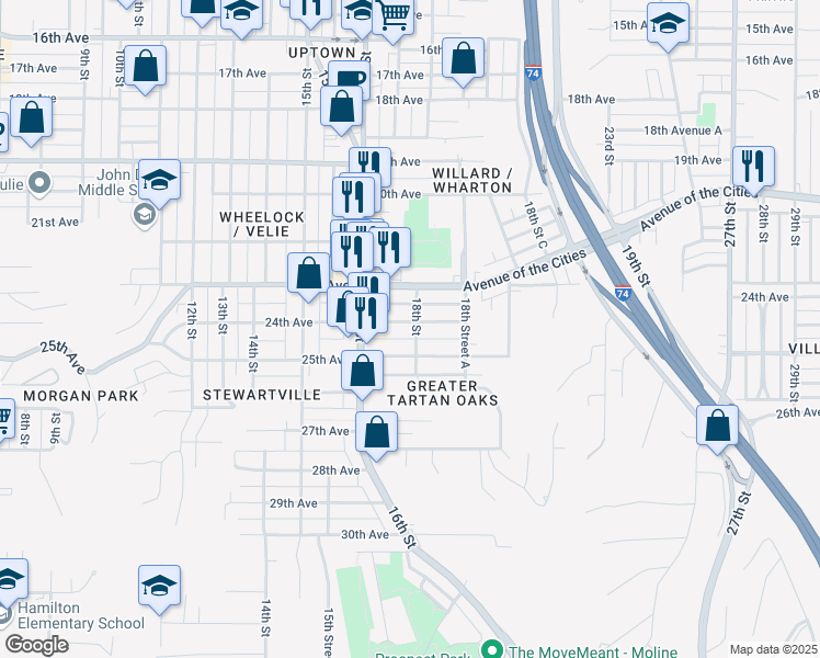 map of restaurants, bars, coffee shops, grocery stores, and more near 1650 24th Avenue in Moline
