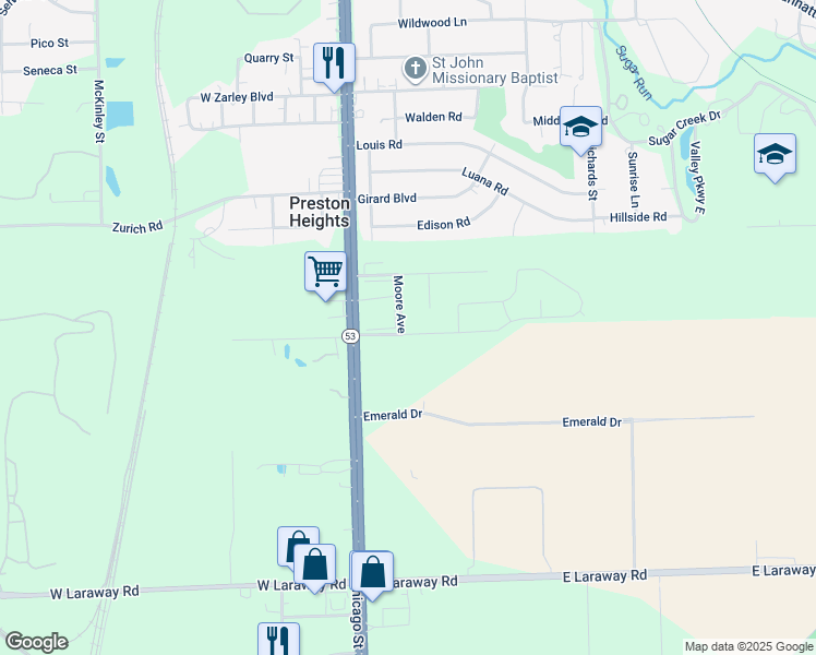 map of restaurants, bars, coffee shops, grocery stores, and more near 99 Pheasant Run Road in Joliet