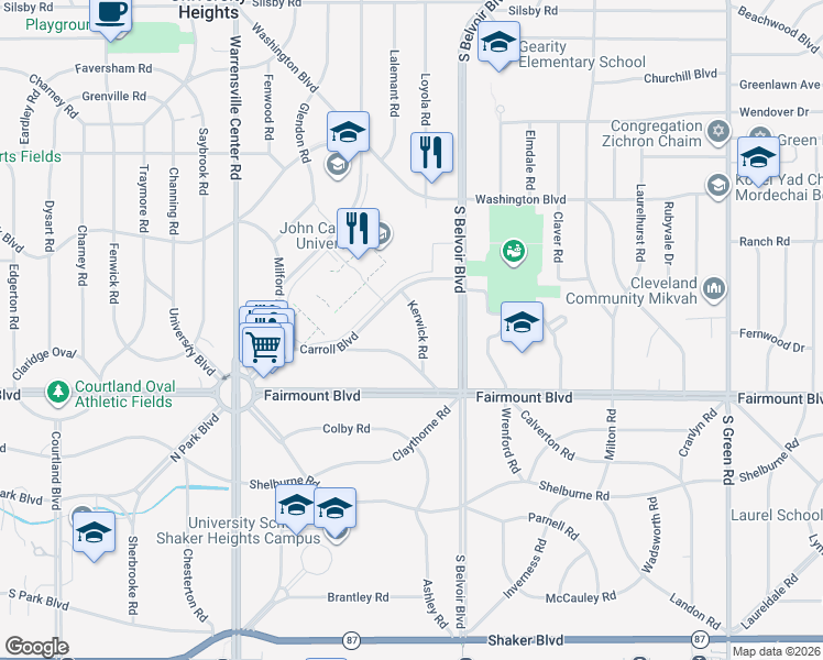 map of restaurants, bars, coffee shops, grocery stores, and more near 2610 Kerwick Road in University Heights