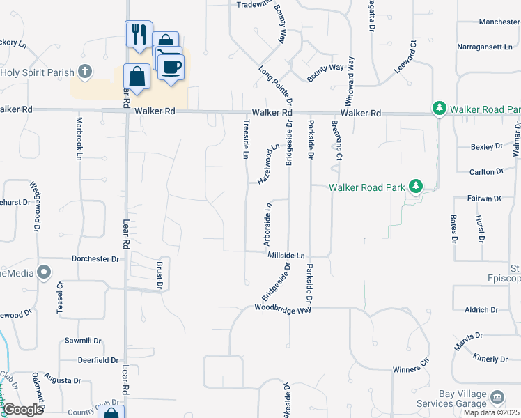 map of restaurants, bars, coffee shops, grocery stores, and more near 596 Arborside Lane in Avon Lake