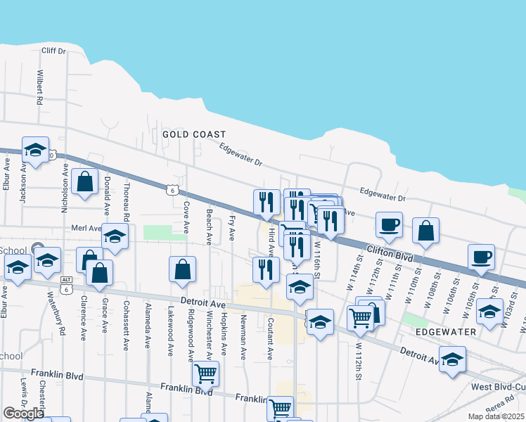 map of restaurants, bars, coffee shops, grocery stores, and more near 11818 Clifton Boulevard in Lakewood