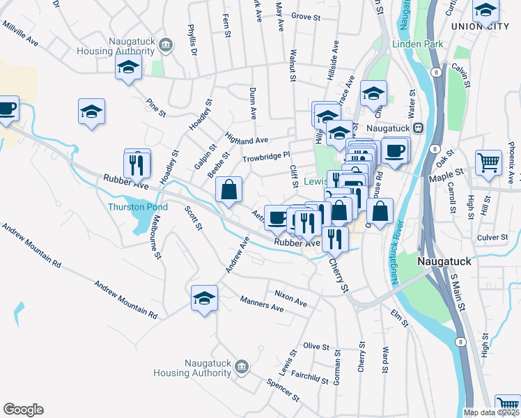map of restaurants, bars, coffee shops, grocery stores, and more near 57 Aetna Street in Naugatuck