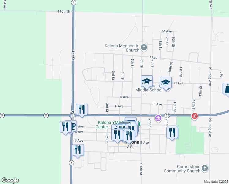 map of restaurants, bars, coffee shops, grocery stores, and more near 708 3rd Street in Kalona