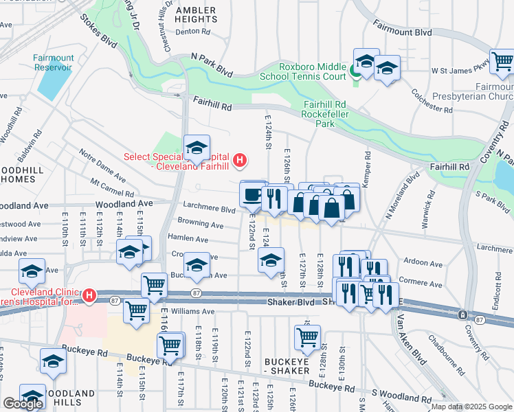 map of restaurants, bars, coffee shops, grocery stores, and more near in Cleveland