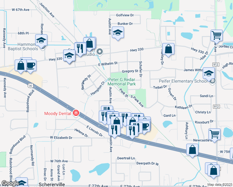 map of restaurants, bars, coffee shops, grocery stores, and more near 1841 Austin Avenue in Schererville