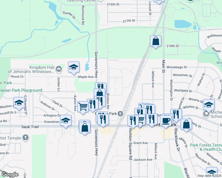 map of restaurants, bars, coffee shops, grocery stores, and more near 3022 Richton Place in Richton Park