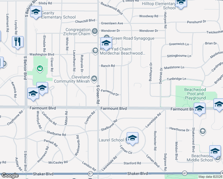 map of restaurants, bars, coffee shops, grocery stores, and more near 2617 Elmhurst Drive in Beachwood