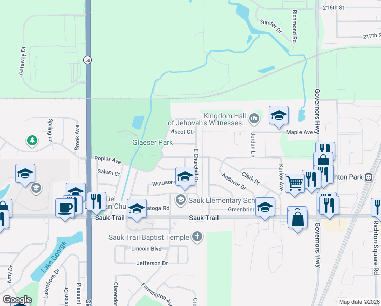 map of restaurants, bars, coffee shops, grocery stores, and more near 22045 East Churchill Drive in Richton Park