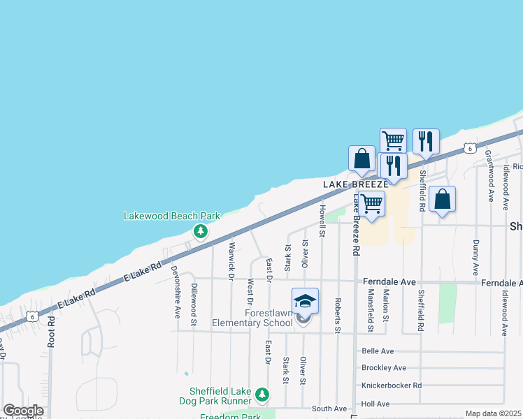 map of restaurants, bars, coffee shops, grocery stores, and more near 3913 Lake Road in Sheffield Lake