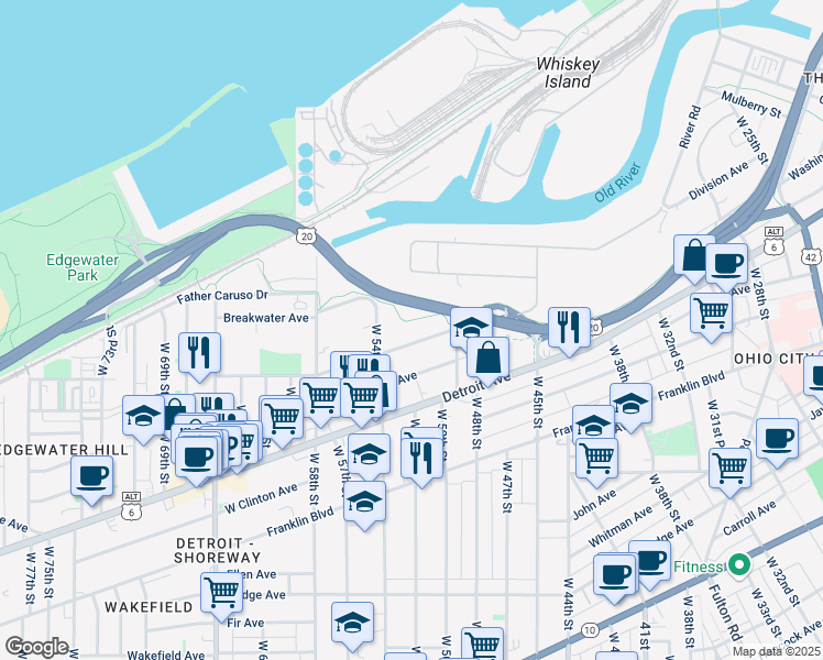 map of restaurants, bars, coffee shops, grocery stores, and more near 5110 Herman Avenue in Cleveland