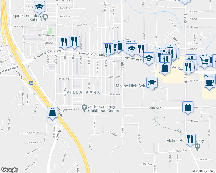 map of restaurants, bars, coffee shops, grocery stores, and more near 2446 32nd Street in Moline