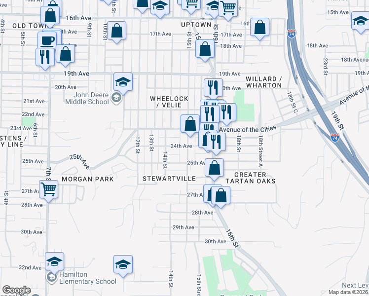 map of restaurants, bars, coffee shops, grocery stores, and more near 2401 15th Street in Moline