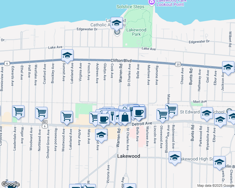map of restaurants, bars, coffee shops, grocery stores, and more near 1282 Warren Road in Lakewood