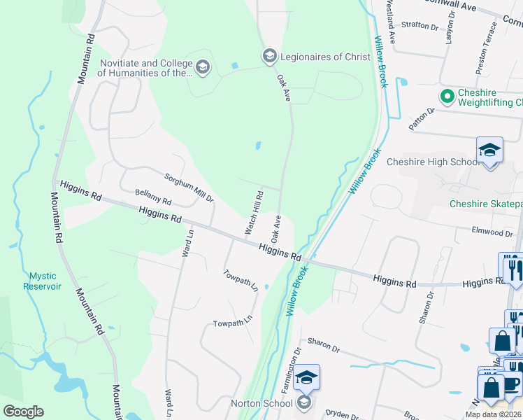 map of restaurants, bars, coffee shops, grocery stores, and more near 20 Watch Hill Road in Cheshire