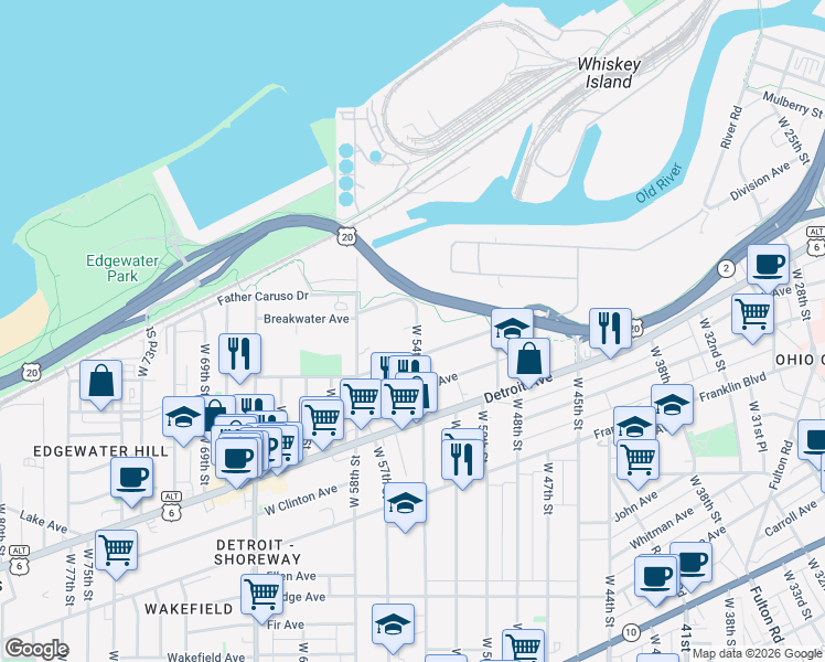map of restaurants, bars, coffee shops, grocery stores, and more near 5407 Stone Avenue in Cleveland