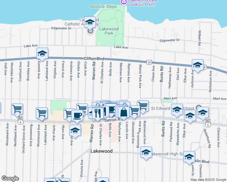 map of restaurants, bars, coffee shops, grocery stores, and more near 1289 Belle Avenue in Lakewood