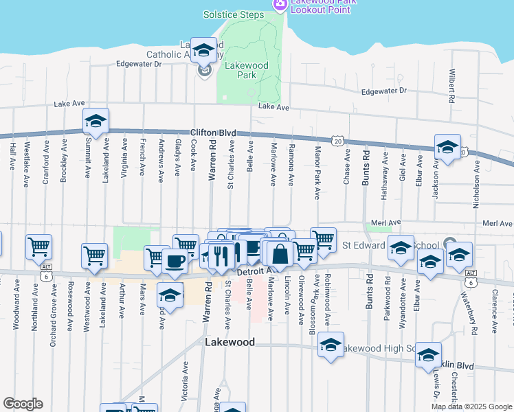 map of restaurants, bars, coffee shops, grocery stores, and more near 1291 Belle Avenue in Lakewood