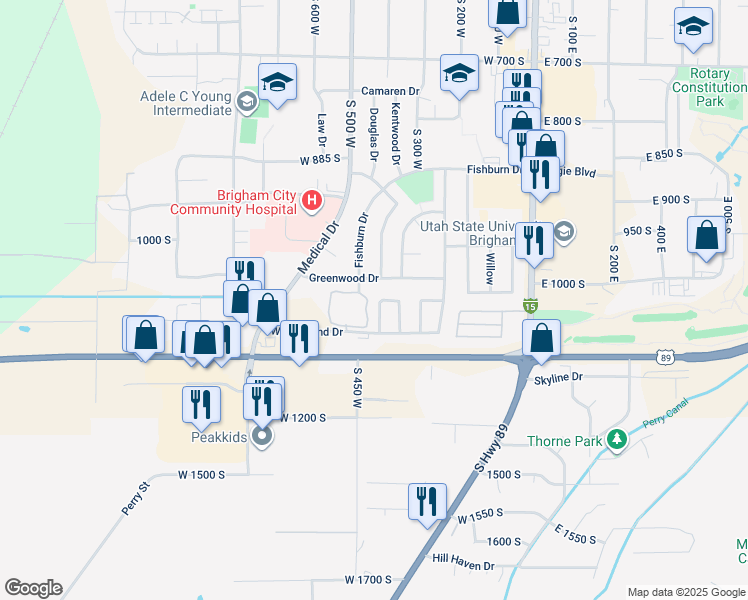 map of restaurants, bars, coffee shops, grocery stores, and more near 1070 Shannon Circle in Brigham City