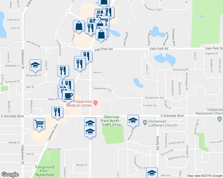map of restaurants, bars, coffee shops, grocery stores, and more near 1403 Eisenhower Avenue in Valparaiso