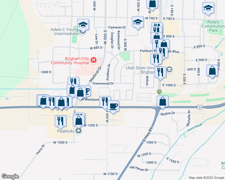 map of restaurants, bars, coffee shops, grocery stores, and more near 1070 Shannon Circle in Brigham City