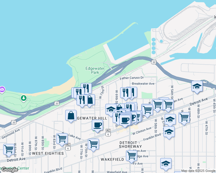 map of restaurants, bars, coffee shops, grocery stores, and more near 1222 West 70th Street in Cleveland
