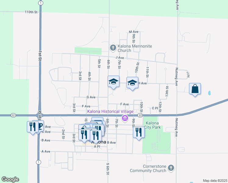map of restaurants, bars, coffee shops, grocery stores, and more near 702 6th Street in Kalona