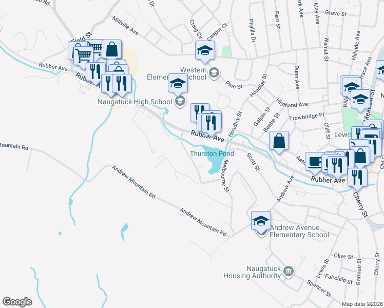 map of restaurants, bars, coffee shops, grocery stores, and more near 16 North Circle in Naugatuck