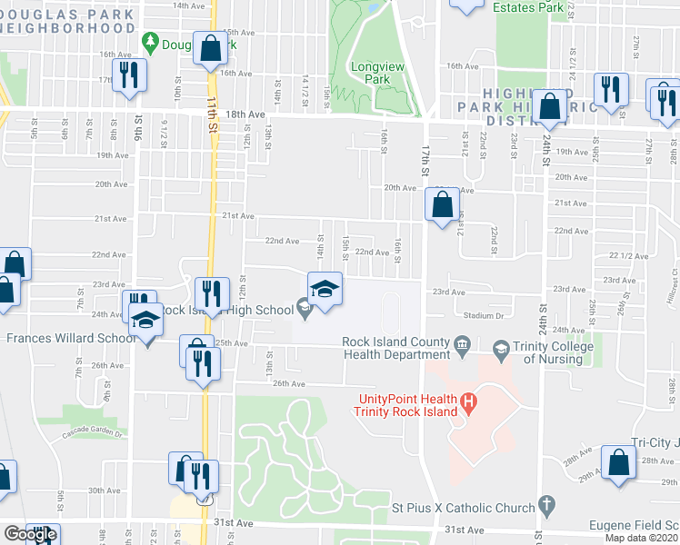 map of restaurants, bars, coffee shops, grocery stores, and more near 2230 15th Street in Rock Island