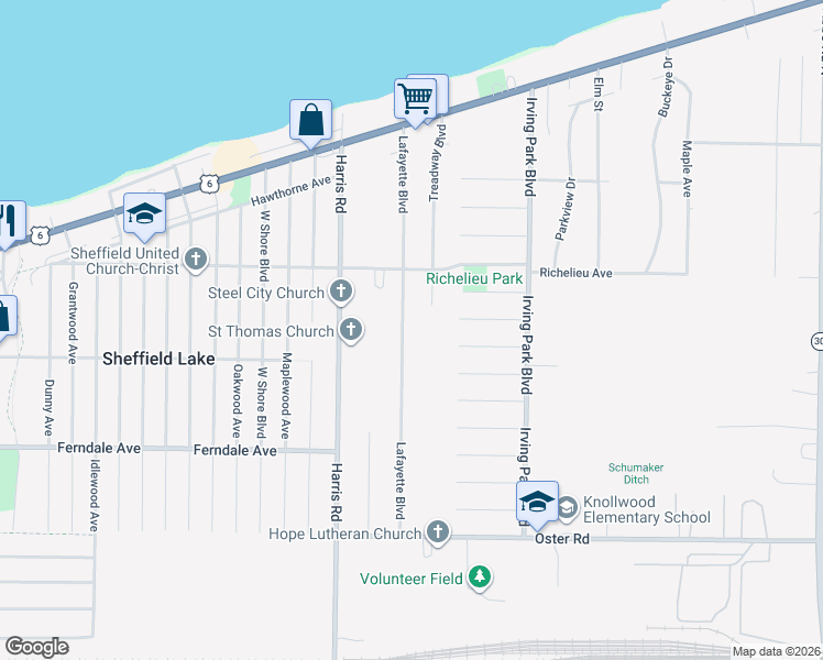 map of restaurants, bars, coffee shops, grocery stores, and more near 665 Lafayette Blvd in Sheffield Lake