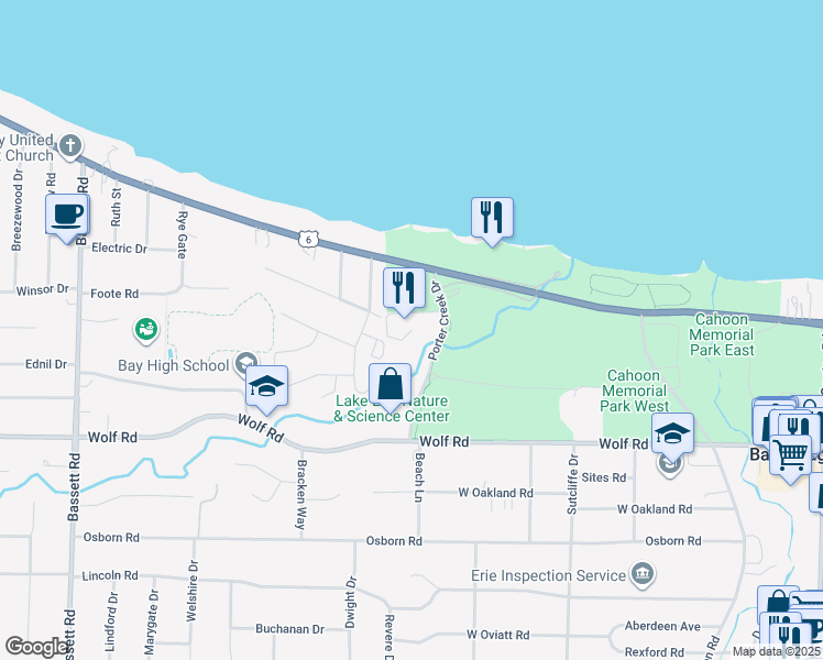 map of restaurants, bars, coffee shops, grocery stores, and more near Huntington Playhouse Drive in Bay Village
