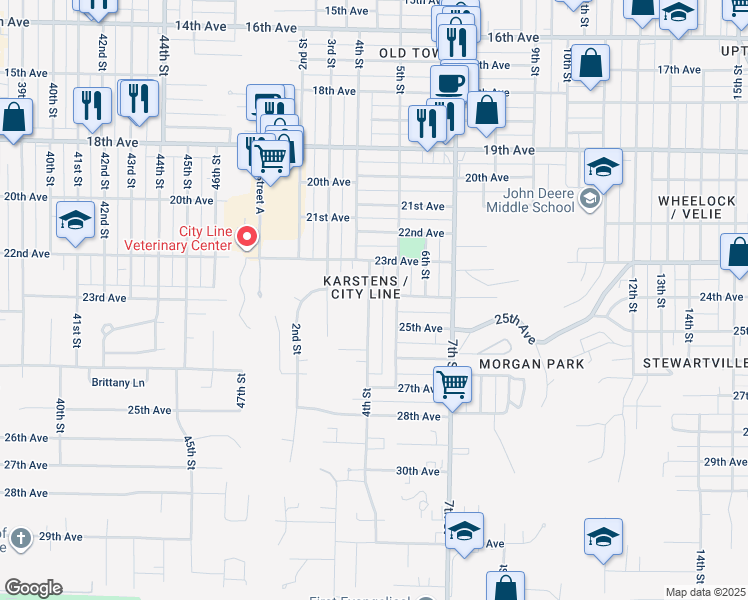 map of restaurants, bars, coffee shops, grocery stores, and more near 404 24th Avenue in Moline