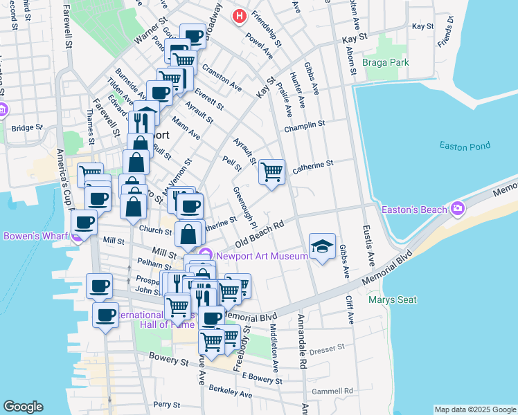 map of restaurants, bars, coffee shops, grocery stores, and more near 33 Catherine Street in Newport