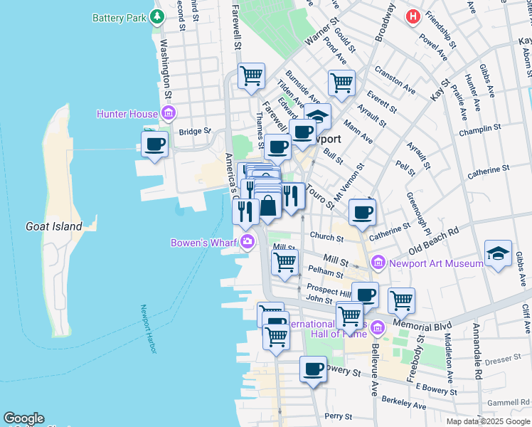 map of restaurants, bars, coffee shops, grocery stores, and more near 20 Mary Street in Newport