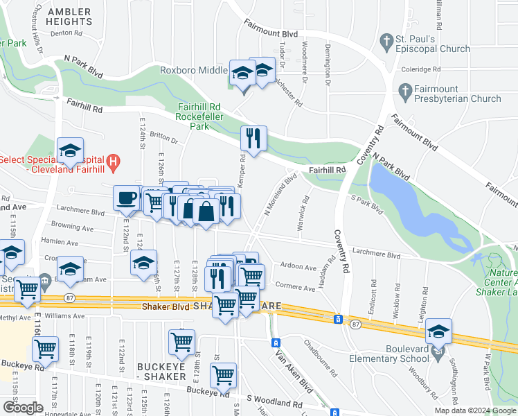 map of restaurants, bars, coffee shops, grocery stores, and more near 2590 North Moreland Boulevard in Shaker Heights