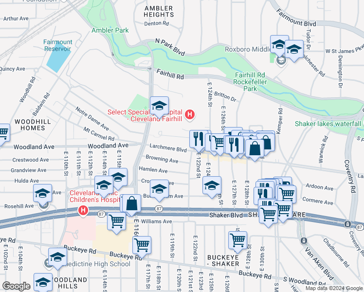 map of restaurants, bars, coffee shops, grocery stores, and more near 12006 Mount Overlook Avenue in Cleveland