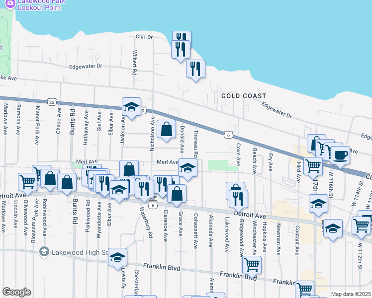 map of restaurants, bars, coffee shops, grocery stores, and more near 1273 Donald Avenue in Lakewood