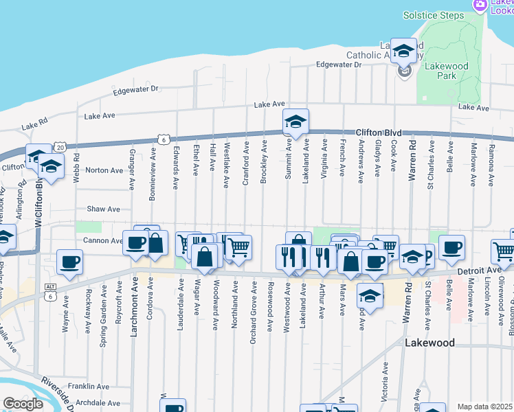 map of restaurants, bars, coffee shops, grocery stores, and more near 1281 Brockley Avenue in Lakewood