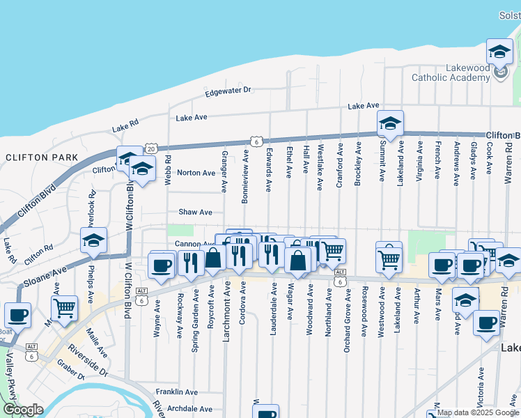 map of restaurants, bars, coffee shops, grocery stores, and more near 1286 Edwards Avenue in Lakewood