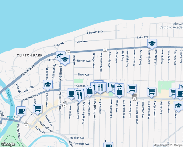 map of restaurants, bars, coffee shops, grocery stores, and more near 17416 Shaw Avenue in Lakewood