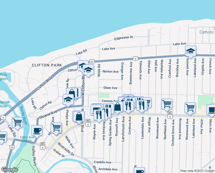 map of restaurants, bars, coffee shops, grocery stores, and more near 17456 Shaw Avenue in Lakewood