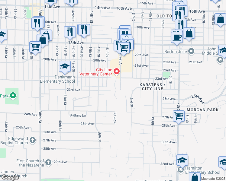 map of restaurants, bars, coffee shops, grocery stores, and more near 2412 1st St Ct in Moline
