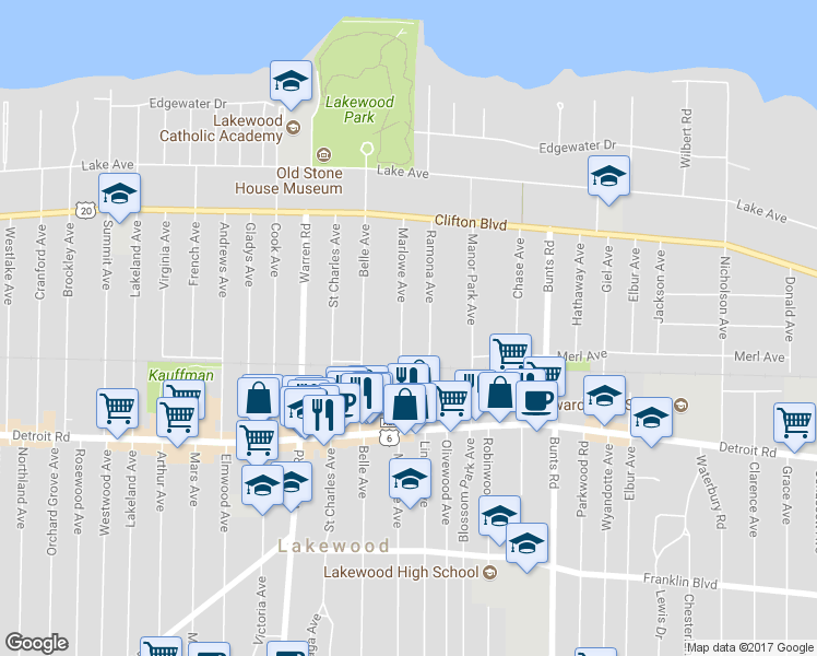 map of restaurants, bars, coffee shops, grocery stores, and more near 1289 Marlowe Avenue in Lakewood