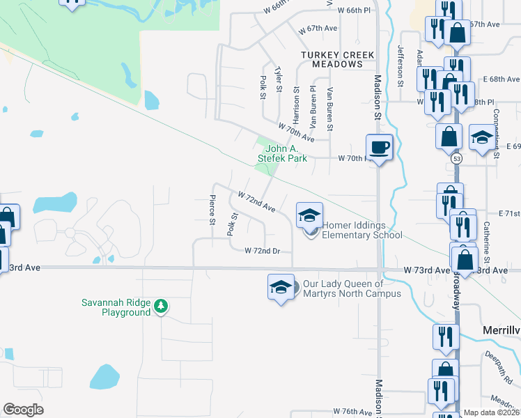 map of restaurants, bars, coffee shops, grocery stores, and more near 913 West 72nd Avenue in Merrillville