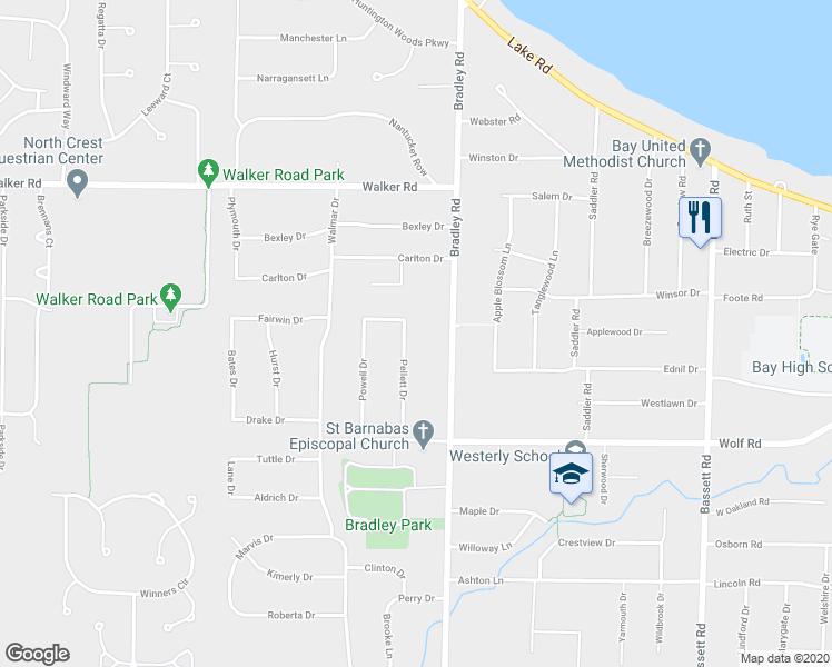 map of restaurants, bars, coffee shops, grocery stores, and more near 385 Pellett Drive in Bay Village