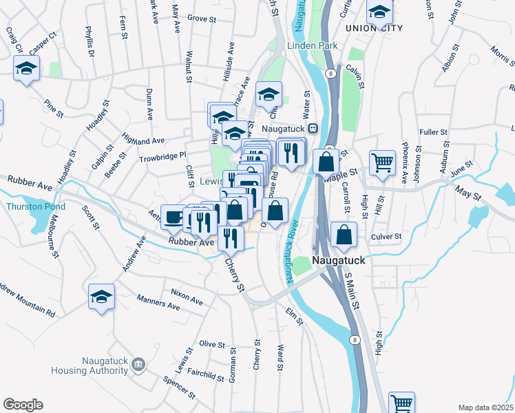 map of restaurants, bars, coffee shops, grocery stores, and more near 87 Church Street in Naugatuck