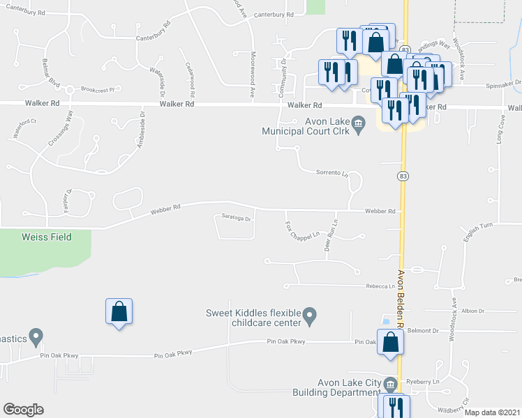 map of restaurants, bars, coffee shops, grocery stores, and more near 33011 Webber Road in Avon Lake