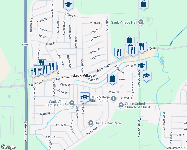 map of restaurants, bars, coffee shops, grocery stores, and more near 2225 East Sauk Trail in Sauk Village